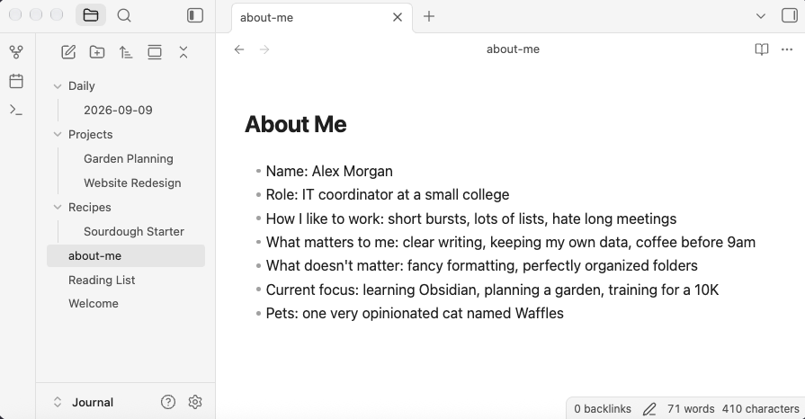 An about-me file, bulleted and informal
