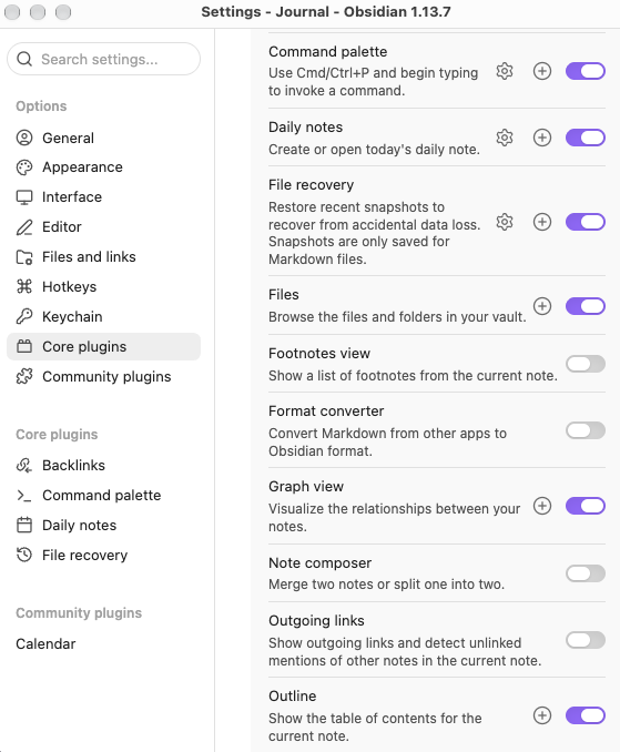 Obsidian's Core plugins settings panel