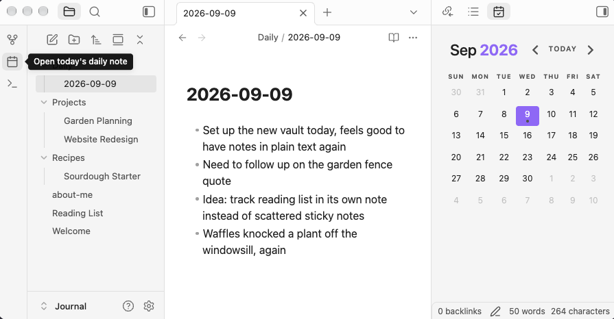 The daily-note ribbon button, and the note it opens