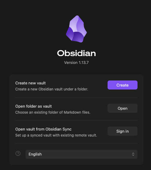 Obsidian's vault-creation dialog, the first screen you see on opening the app