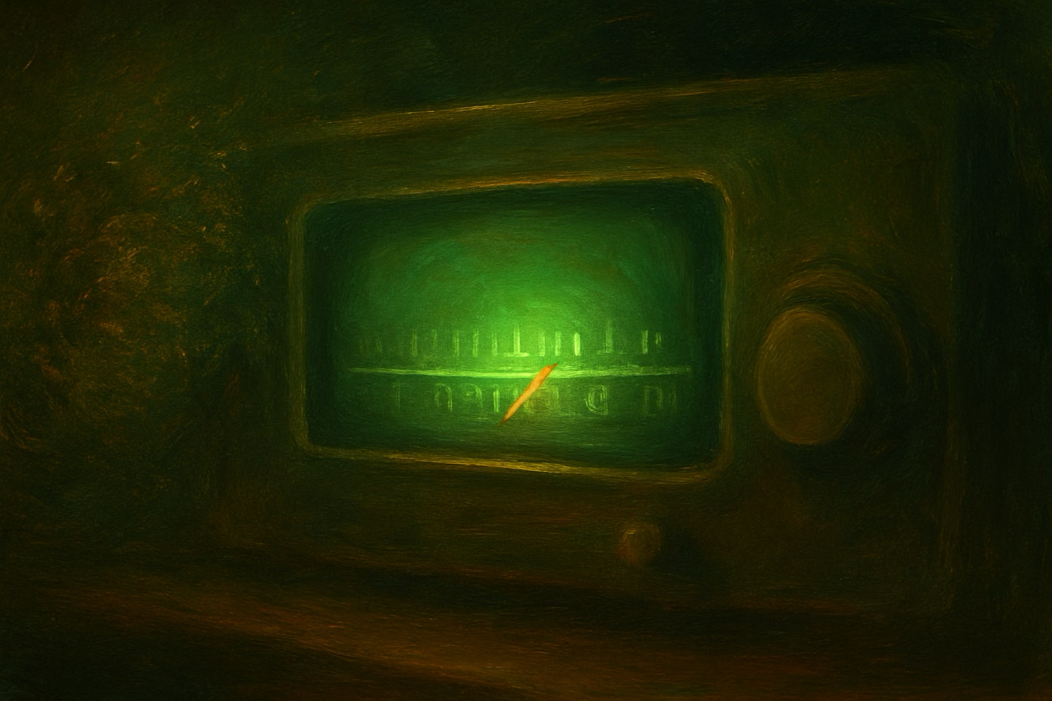 An oil-style painting of a glowing old analog radio tuner dial in green and bronze tones, with fuzzy static around it.